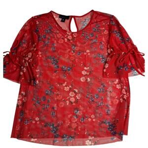 Red Floral Mesh Sheer Blouse Women’s Size Large Short Sleeve Top - by Attention